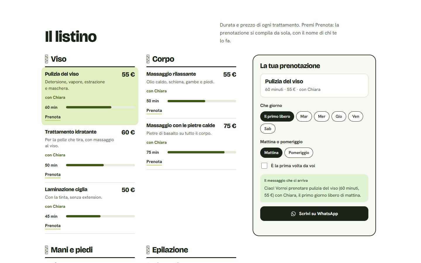 Il listino del sito d'esempio del Centro estetico Betulla visto dal computer: ogni trattamento con chi lo fa, la durata disegnata a barra e il prezzo, e accanto la prenotazione che si compila da sola