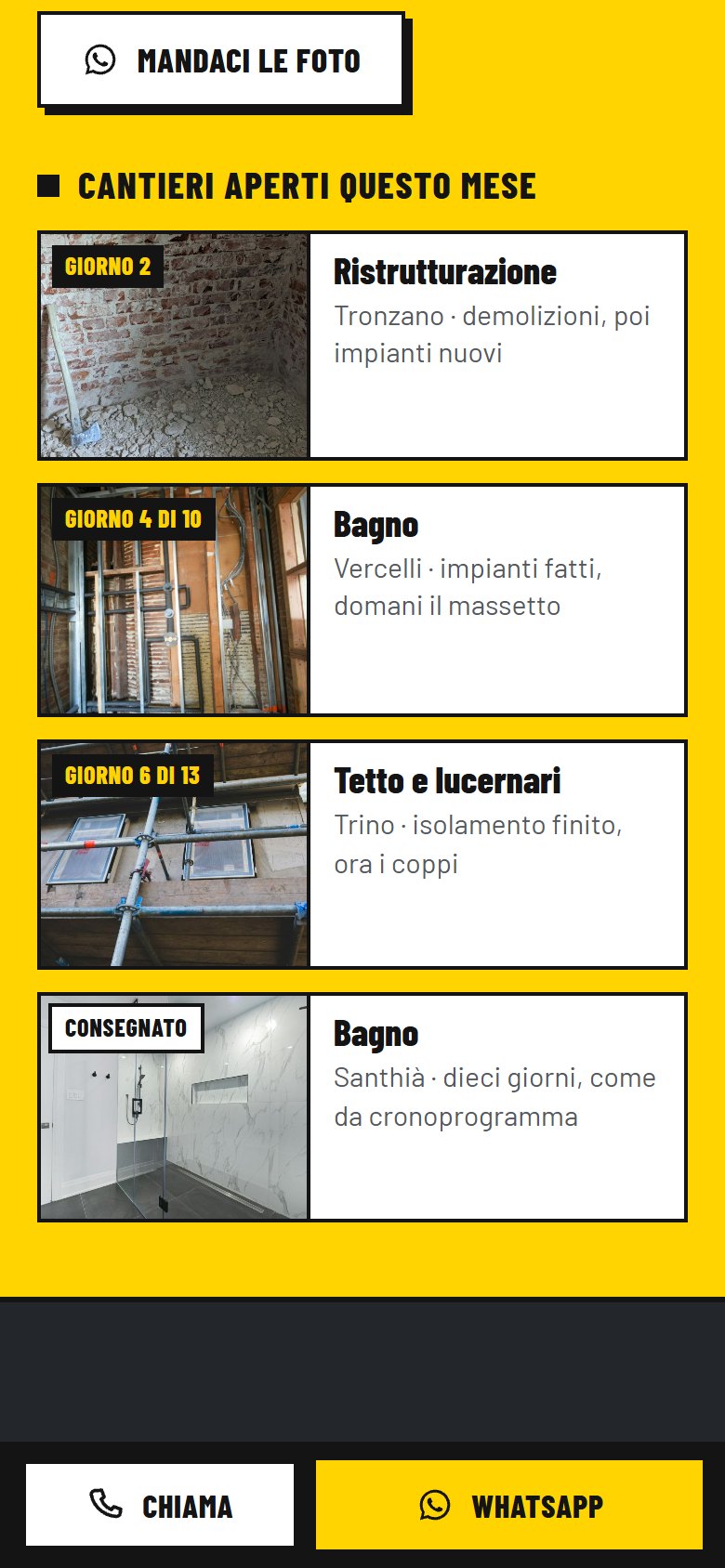 Il sito di dopo visto dal telefono: i cantieri aperti con le foto e lo stato, e la barra per chiamare o scrivere su WhatsApp