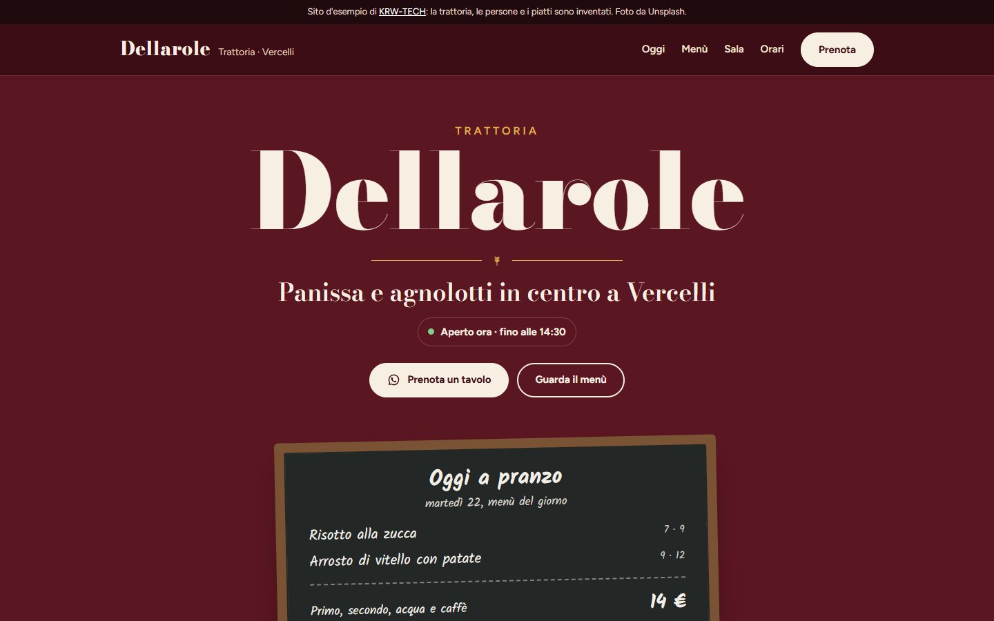 La prima schermata del sito d'esempio di una trattoria