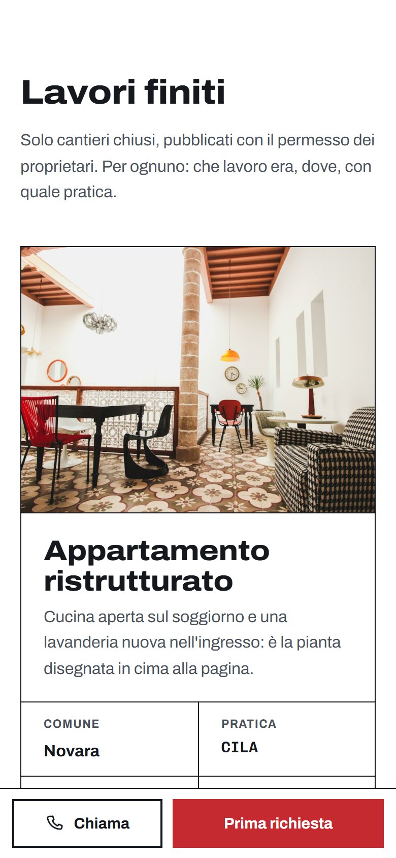 I lavori finiti del sito d'esempio visti dal telefono: la foto, il comune e la pratica usata, e sotto i bottoni per chiamare e per la prima richiesta